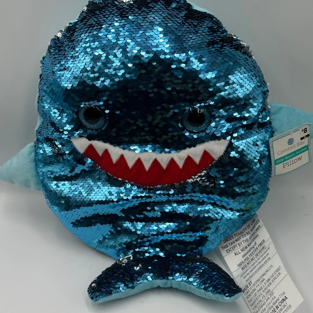 Shark Sequin Pillow Kids Blue Silver Reversible Plush 15